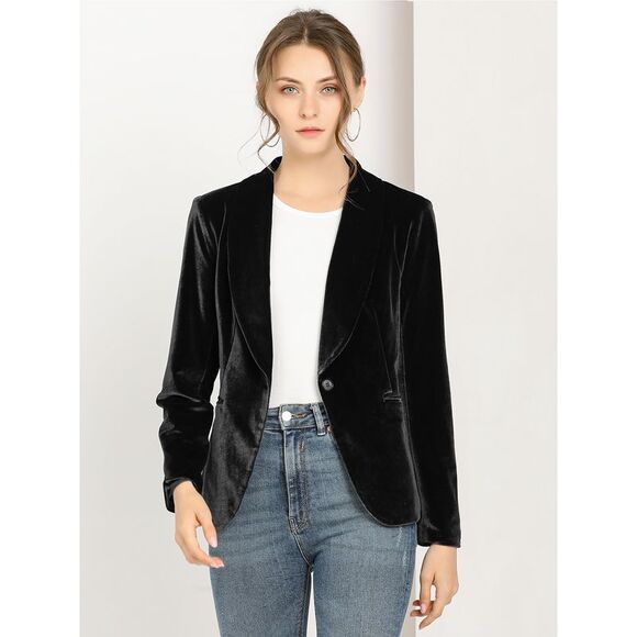 Women's Coat Solid Shawl Collar 1 Button Velvet Blazer Black - Picture 2 of 6